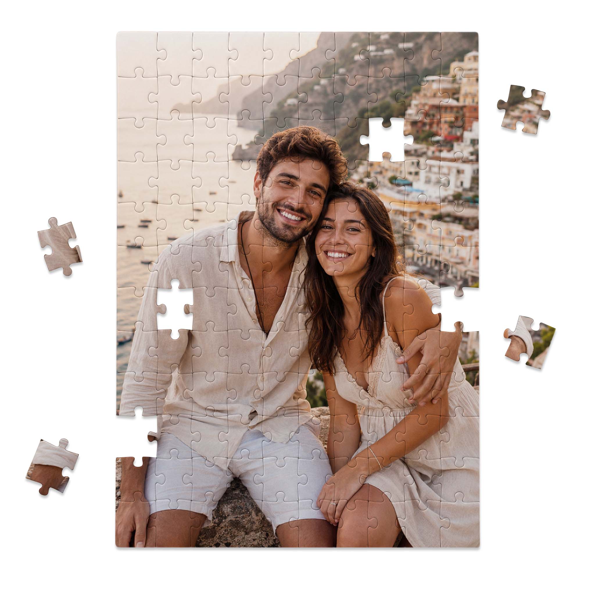 פאזל תמונה אישי 120 חלקים בגודל A4 מקרטון איכותי - זוג מטיול על רקע נוף ים בפאזל מודפס - שוגיס