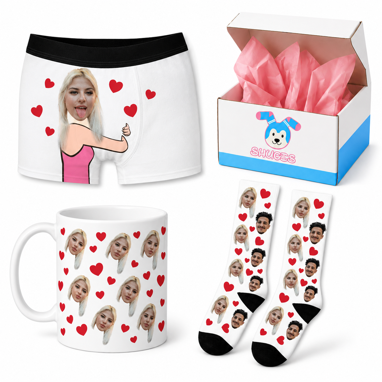 מארז מתנה זוגי – גרביים, בוקסר וספל עם הפרצופים שלכם בקופסת מתנה של שוגיס